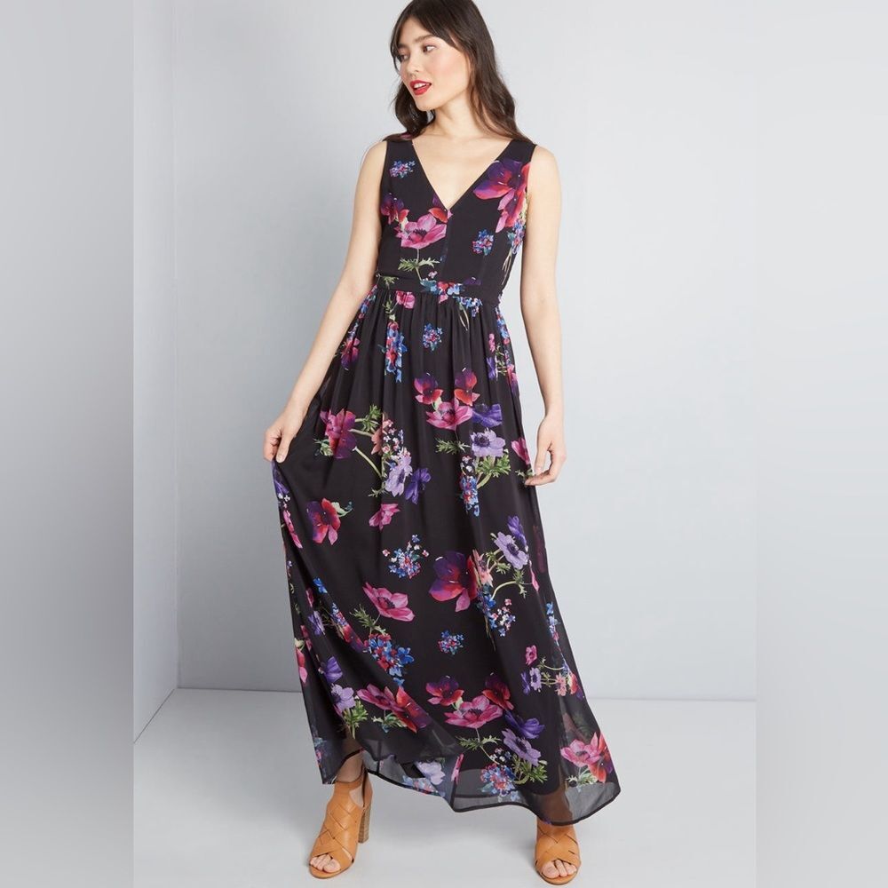 NWT ModCloth Muster the Length Black Floral V-Neck Sleeveless Maxi Dress Sz XXS